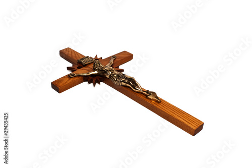 A wooden cross isolated on a white background.