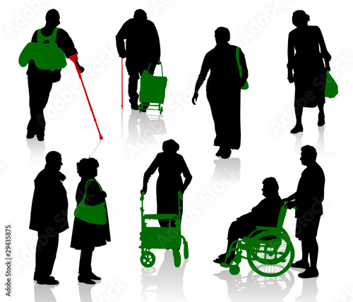 Silhouette of old and disabled people.