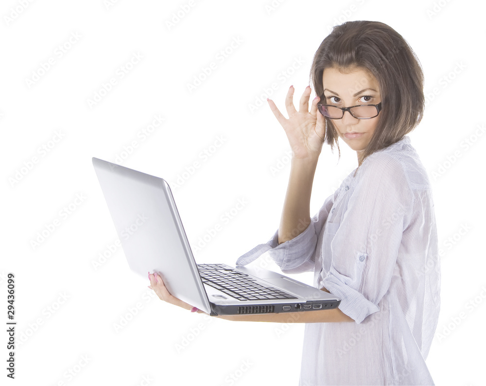Smiling happy woman in glasses using laptop Smiling happy woman in glasses using laptop