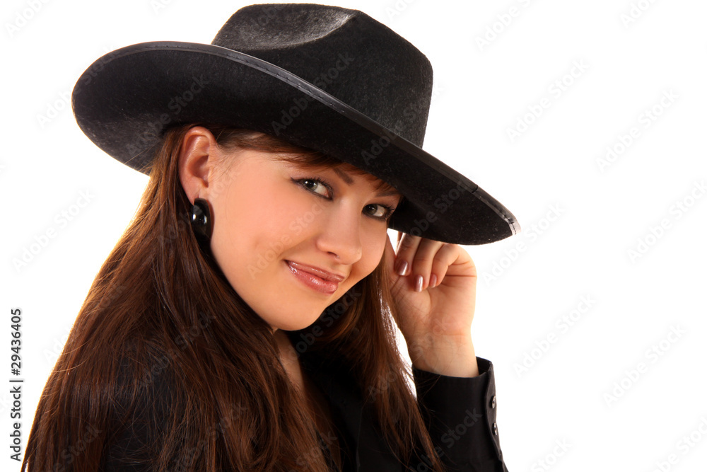 woman with a cowboy's, man's hat. woman with a cowboy's, man's hat.