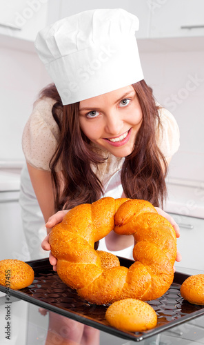 woman baking bread photo