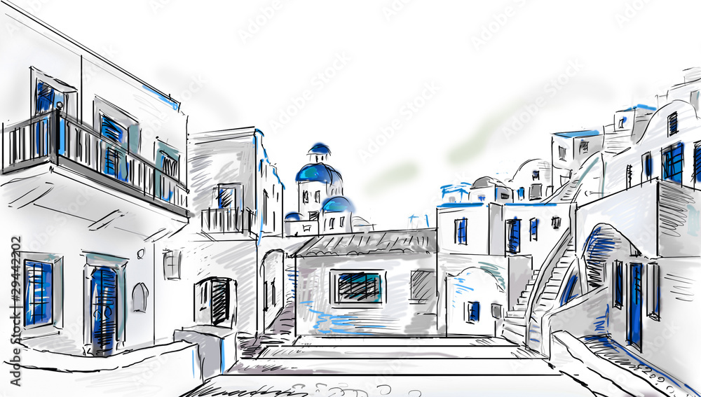 Drawing to the  greek town - obrazy, fototapety, plakaty 