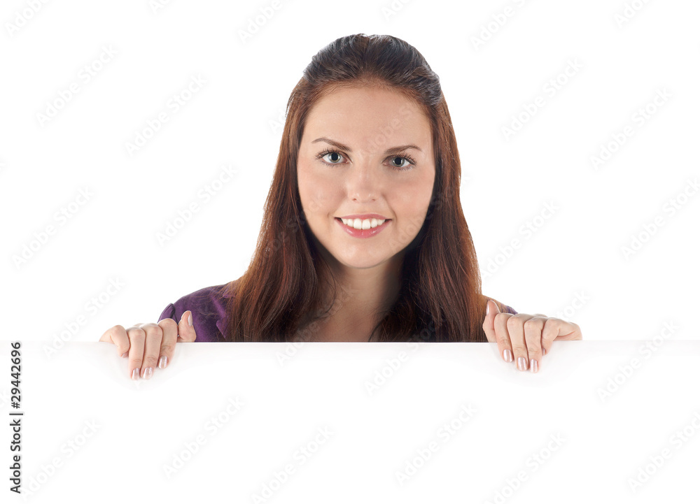 Smiling female untop of clean sign Smiling female untop of clean sign