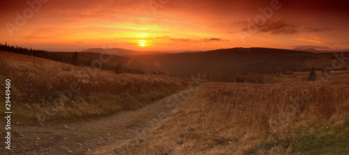 Stitched Panorama, early light of dawn over the Mountains