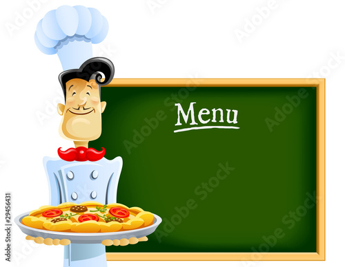 cook with pizza and menu