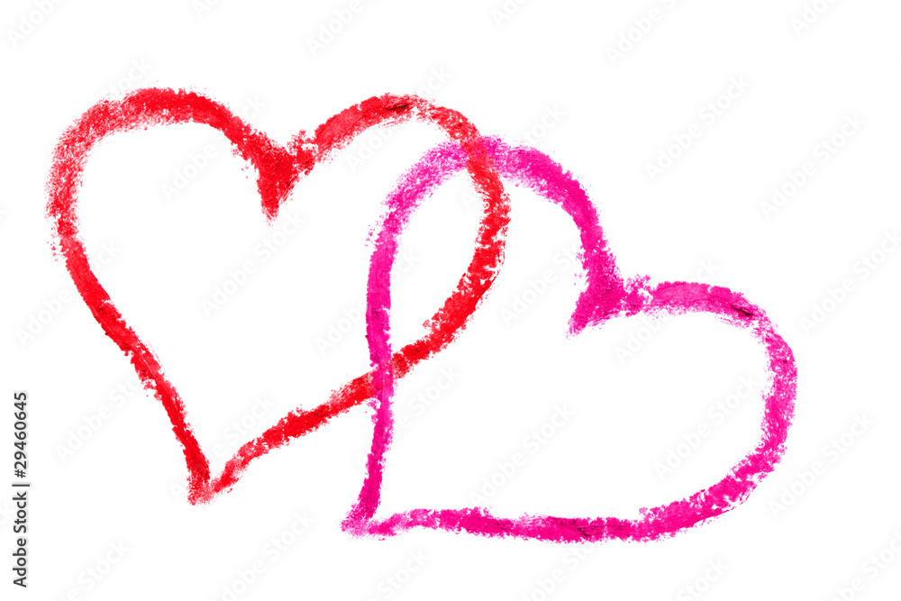 Two hearts drawn with lipstick on a white background Two hearts drawn with lipstick on a white background