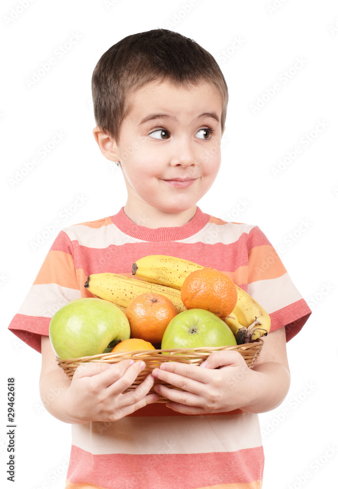 Little boy holding apples, tangerines and banana Little boy holding apples, tangerines and banana