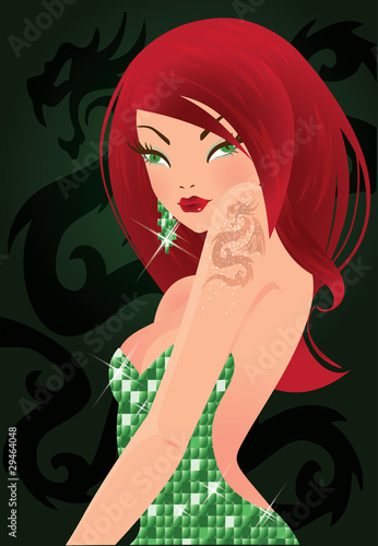 Sexy girl with tatoo dragon. vector illustration