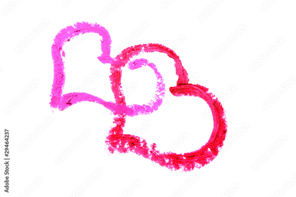 Two hearts  drawn with lipstick  on a white background