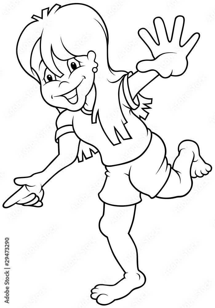 Young Girl - Black and White Cartoon illustration