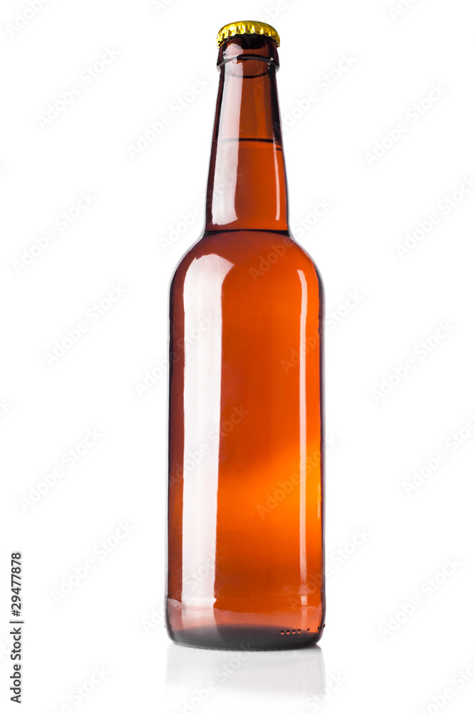 Bottle full of beer on white background with shadow