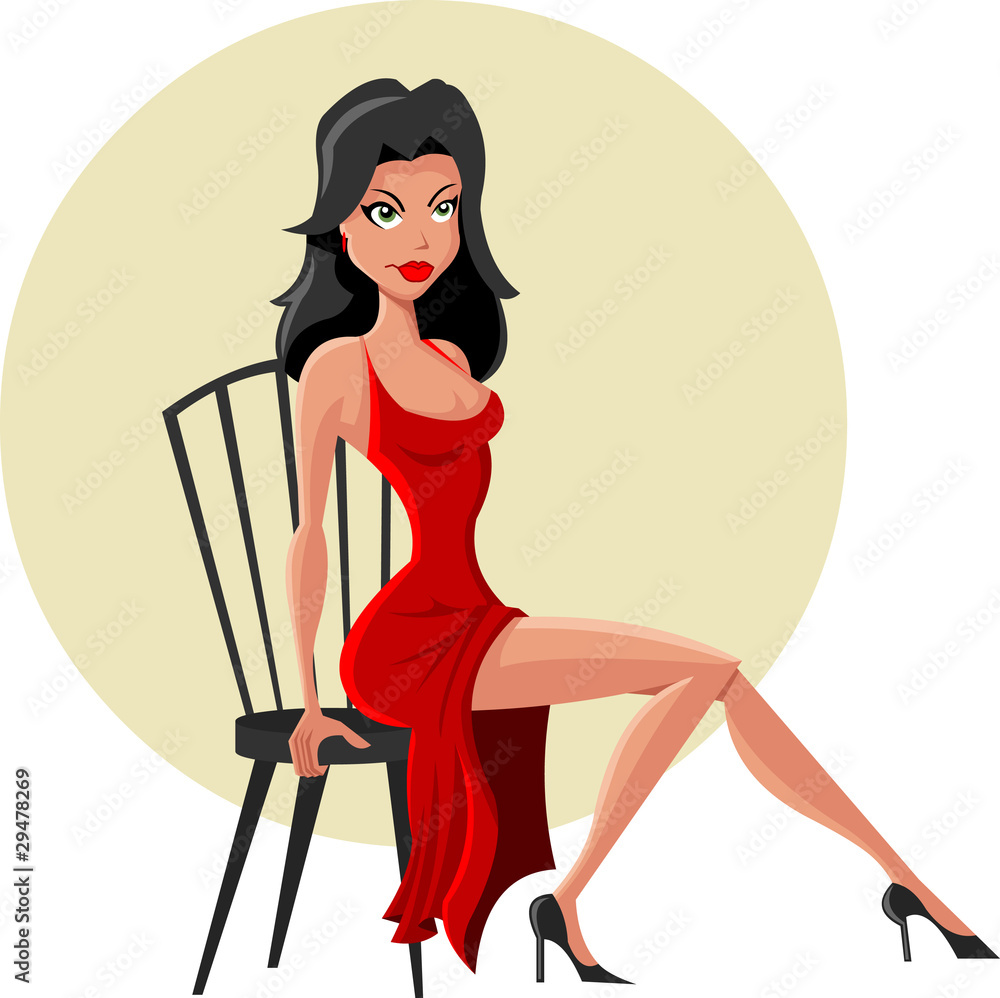 Beautiful cartoon woman seated on chair wearing red dress Stock Vector |  Adobe Stock