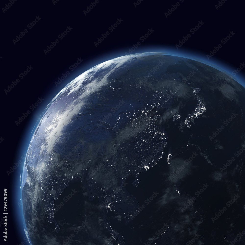 Obraz premium night globe with city lights, east, japan, china, asia map