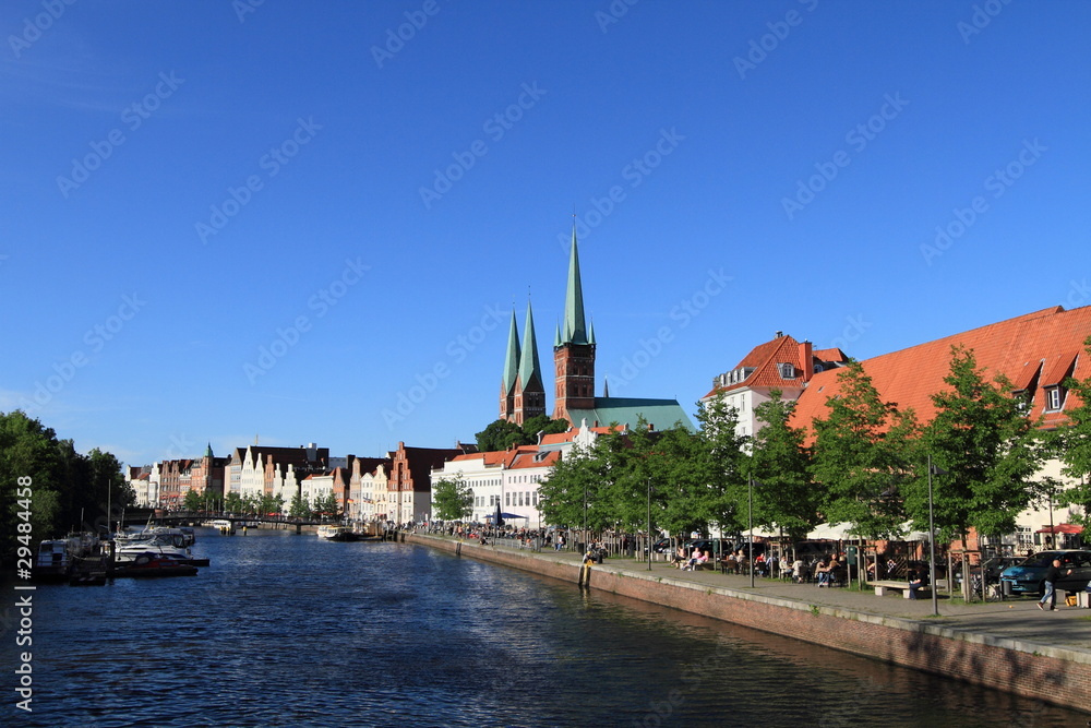 Lubeck river bank and cityscape, Germany