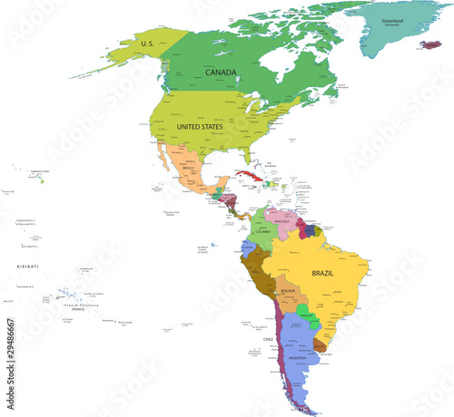 Obraz na płótnie Map of south and north america with countries w salonie