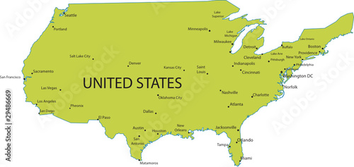 Map of United states of America with major cities, vector