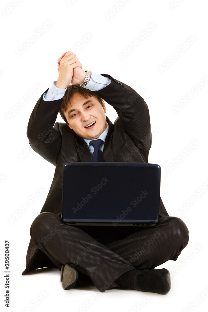Businessman with laptops and showing partnership gesture Businessman with laptops and showing partnership gesture