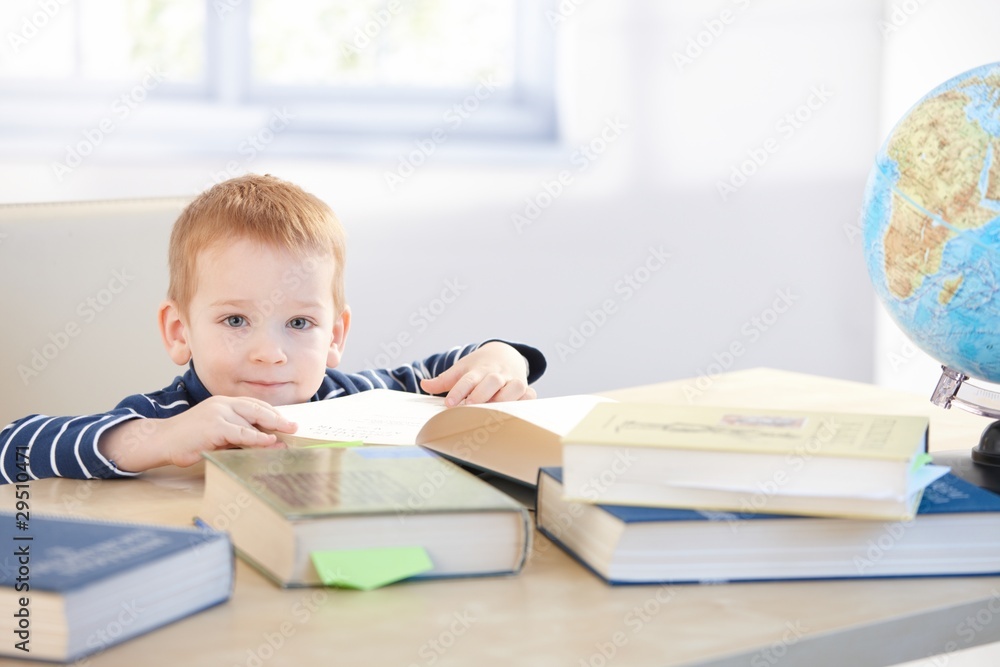 Little child prodigy learning at home smiling Little child prodigy learning at home smiling