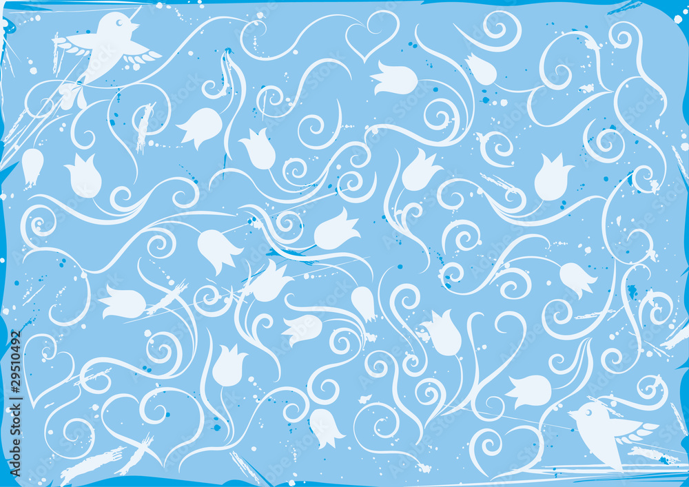Fototapeta premium Pattern with flowers and birds in blue
