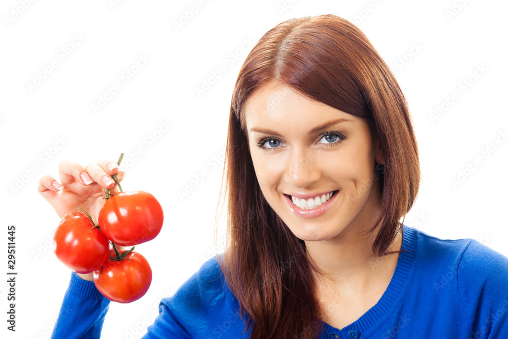 Portrait of young happy smiling woman with tomatoes, isolated Portrait of young happy smiling woman with tomatoes, isolated