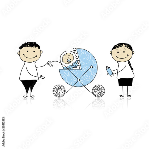 Parents with baby in buggy walking