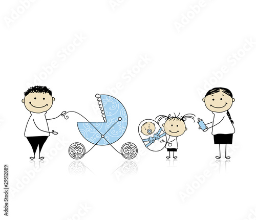 Parents walking with children, baby in buggy