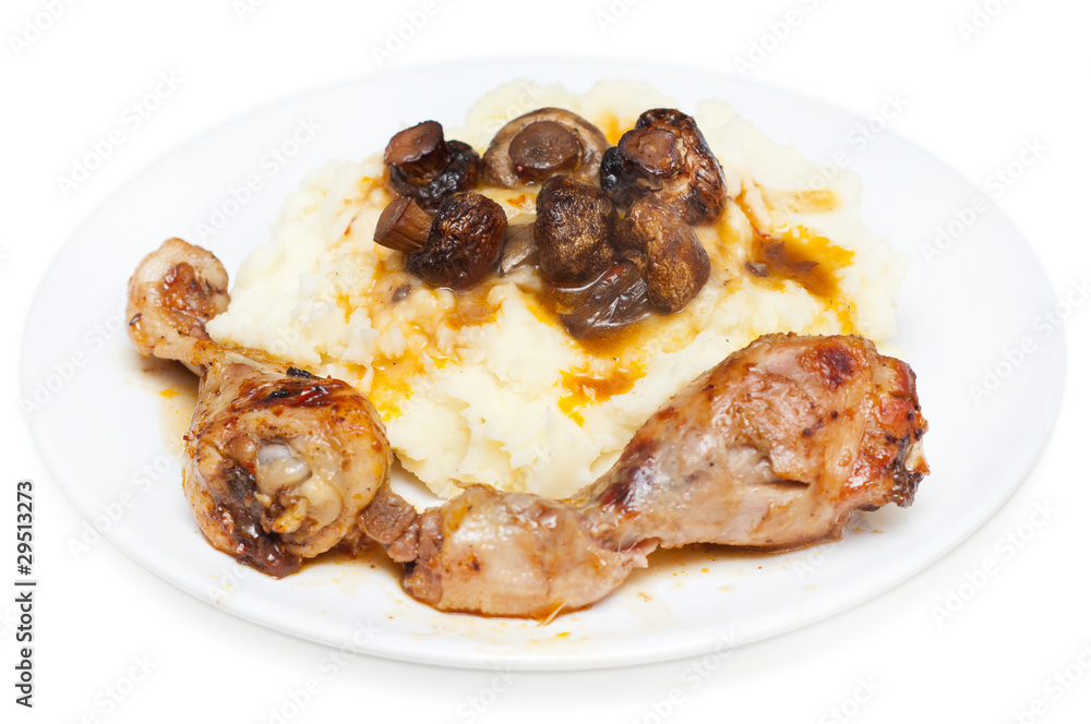 chicken, mashed potatoes and mushrooms on white