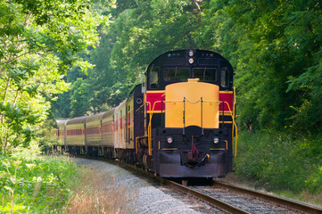 Fotobehang Trein Passagierstrein door bochtig bosgebied  © Kenneth Sponsler