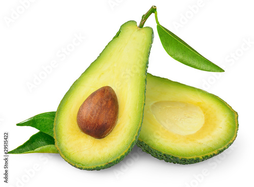 Isolated avocado. One fresh green avocado fruit with leaf cut in half isolated on white background