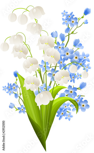 Fototapeta Naklejka Na Ścianę i Meble -  Lilies of the valley and blue flowers isolated on white