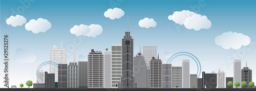 An imaginary big city with skyscrapers, blue sky, clouds