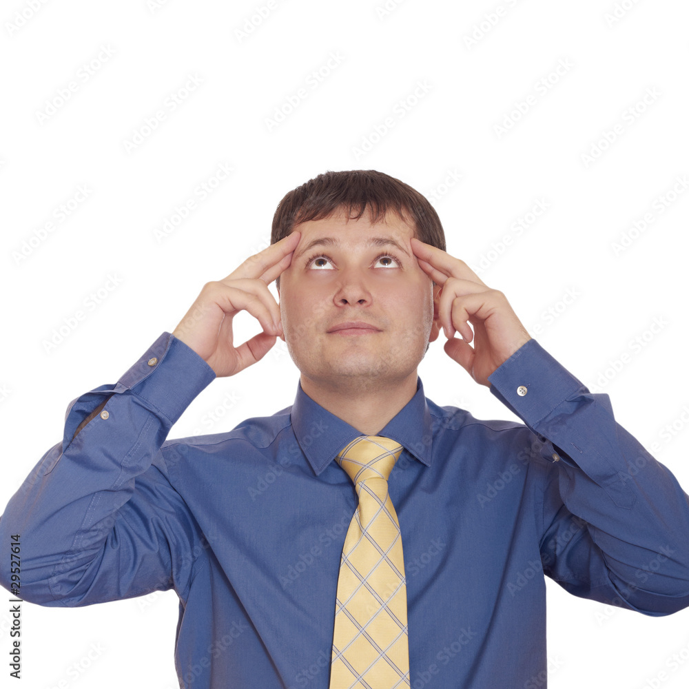Businessman with a big headache, looking up. Isolated on white