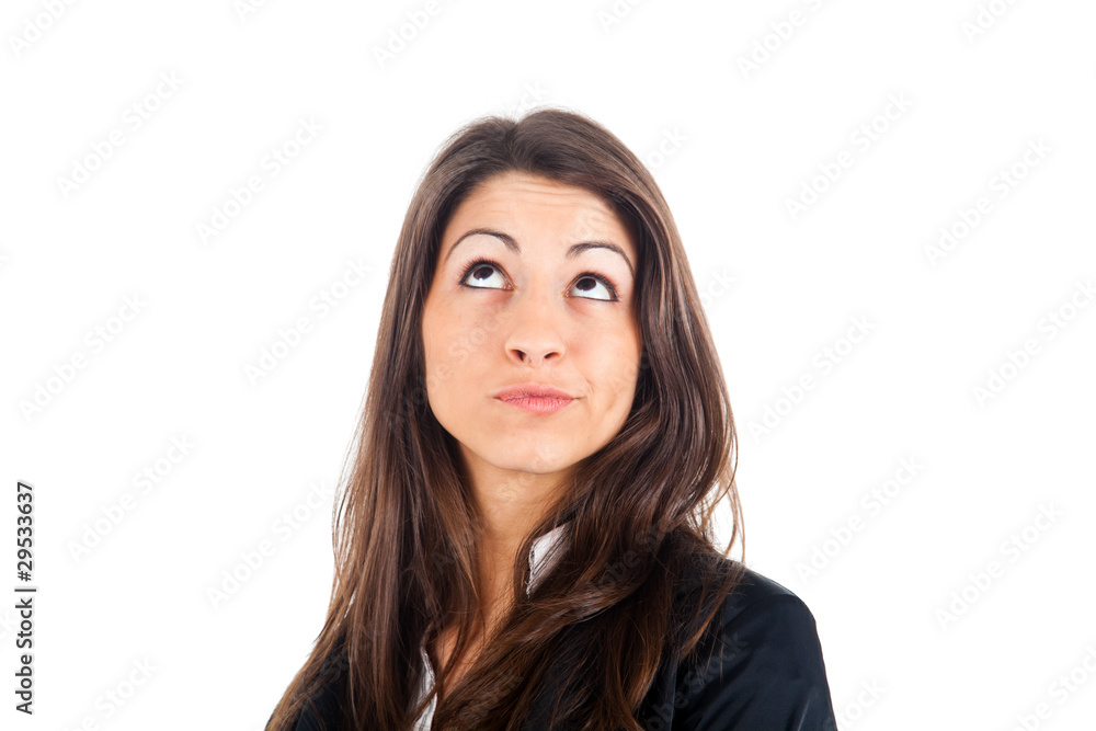 Closeup of a contemplative woman over white background Closeup of a contemplative woman over white background