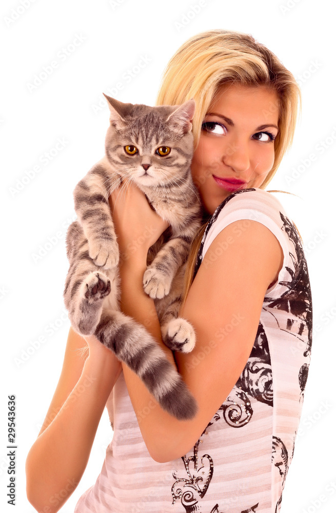 Young cat with woman isolated on white Young cat with woman isolated on white