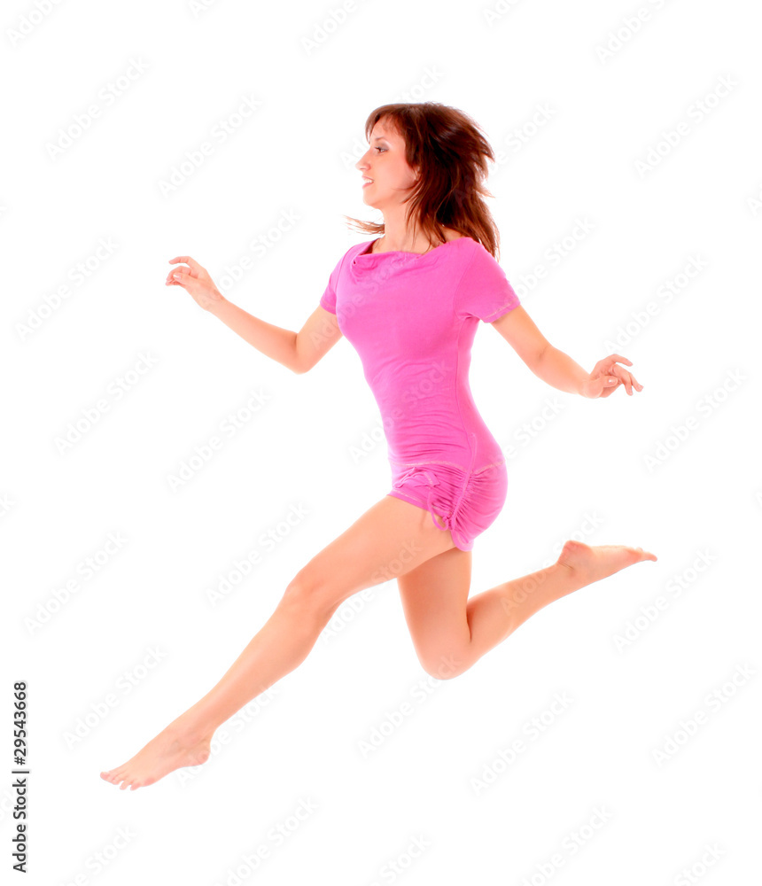 Happy woman jumping isolated on white