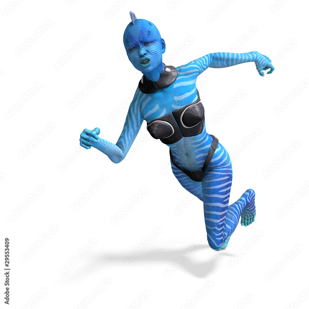 blue female alien running. 3D rendering with clipping path and blue female alien running. 3D rendering with clipping path and