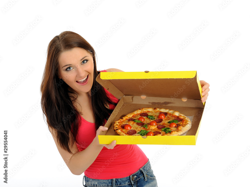 Pretty young casual woman with tasty pizza in delivery paper box Pretty young casual woman with tasty pizza in delivery paper box