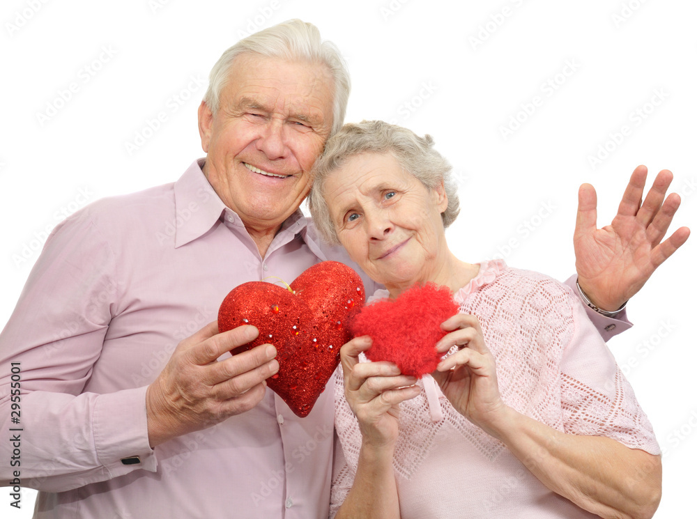 happy old couple with red hearts happy old couple with red hearts