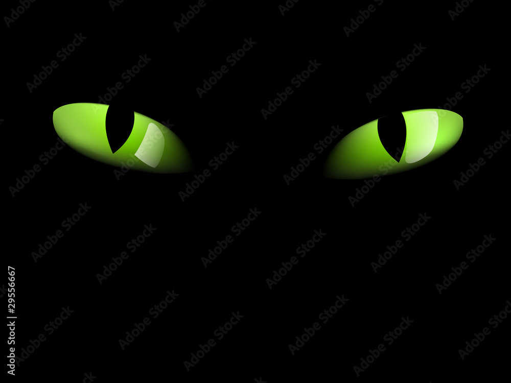 Naklejka premium Green cat eyes in darkness - photo-real
