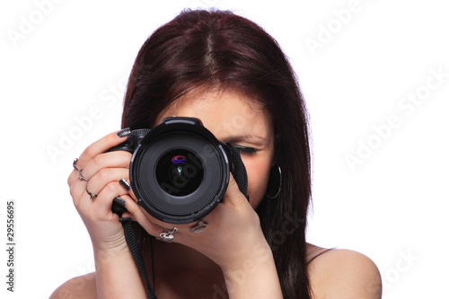 Woman with DSLR isolated