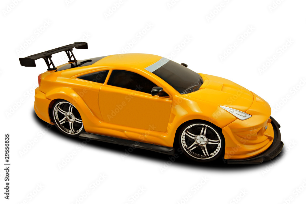 yellow fast sports car over a white background