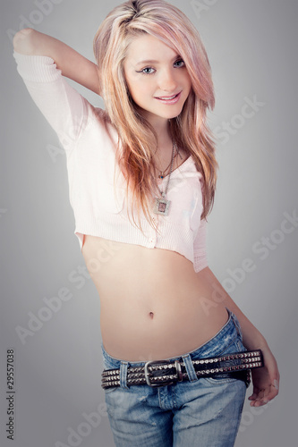 Glamorous young sexy girl on grey background Stock Photo | Adobe Stock