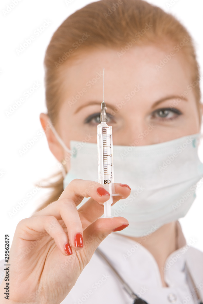 Doctor preparing vaccination injection isolate on white. Doctor preparing vaccination injection isolate on white.