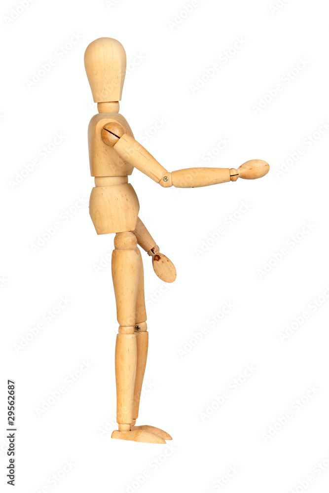 Wooden mannequin shaking hands to greet Wooden mannequin shaking hands to greet