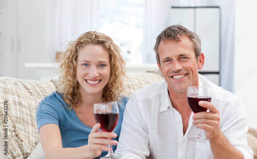 Couple drinking some red wine in the living room Couple drinking some red wine in the living room