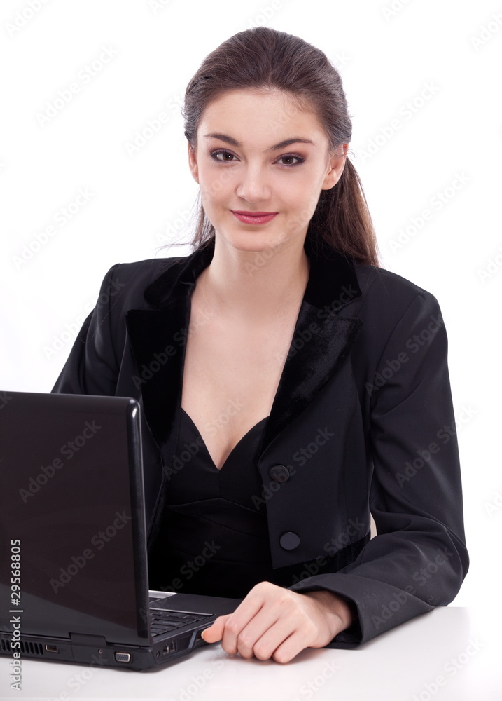 Girl working with laptop. Picture on a white background. Girl working with laptop. Picture on a white background.