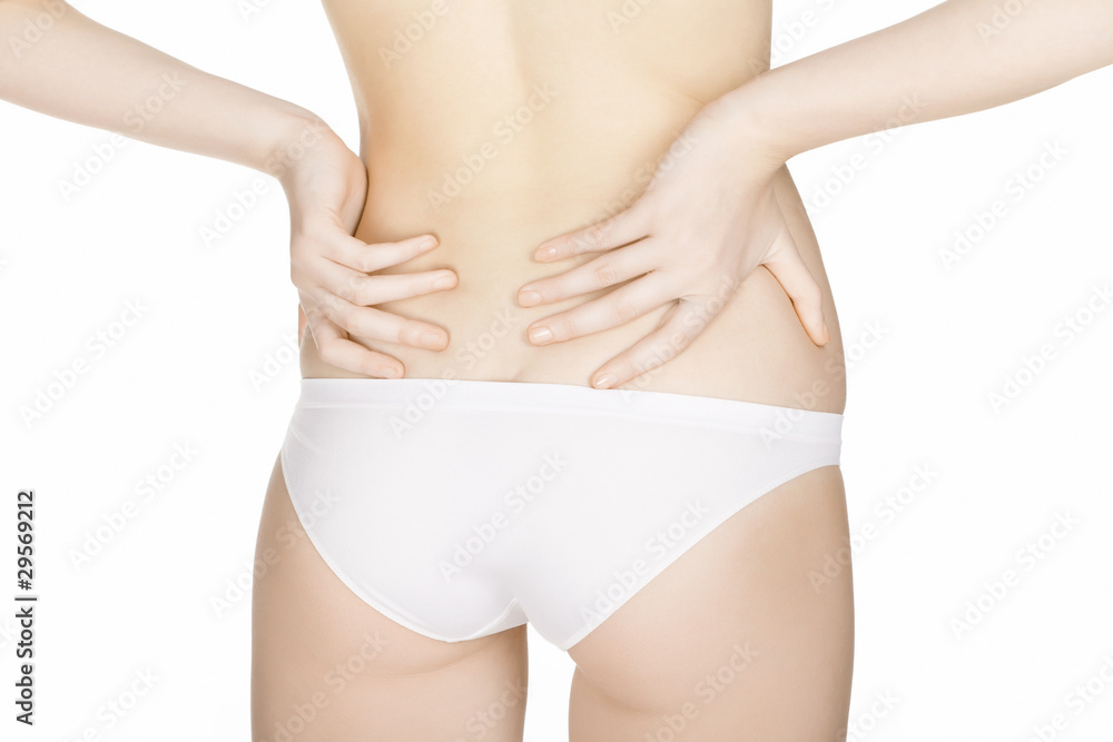 Woman massaging pain back, isolated on white background