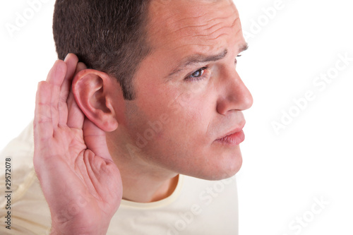 man, listening, viewing the  gesture of hand behind the ear