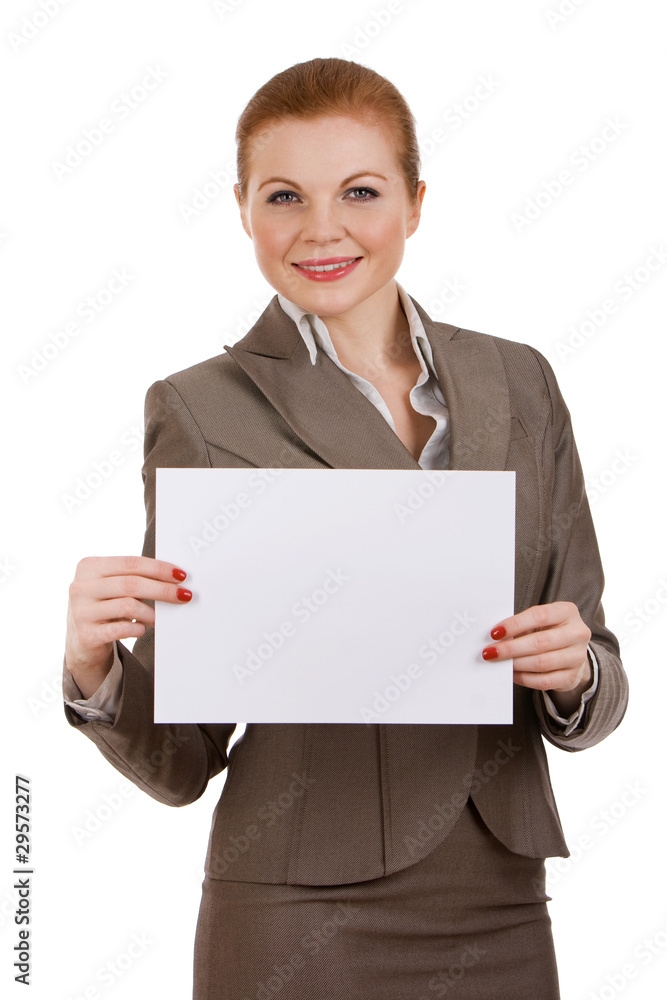 Young successful business woman holding blank sign. Young successful business woman holding blank sign.