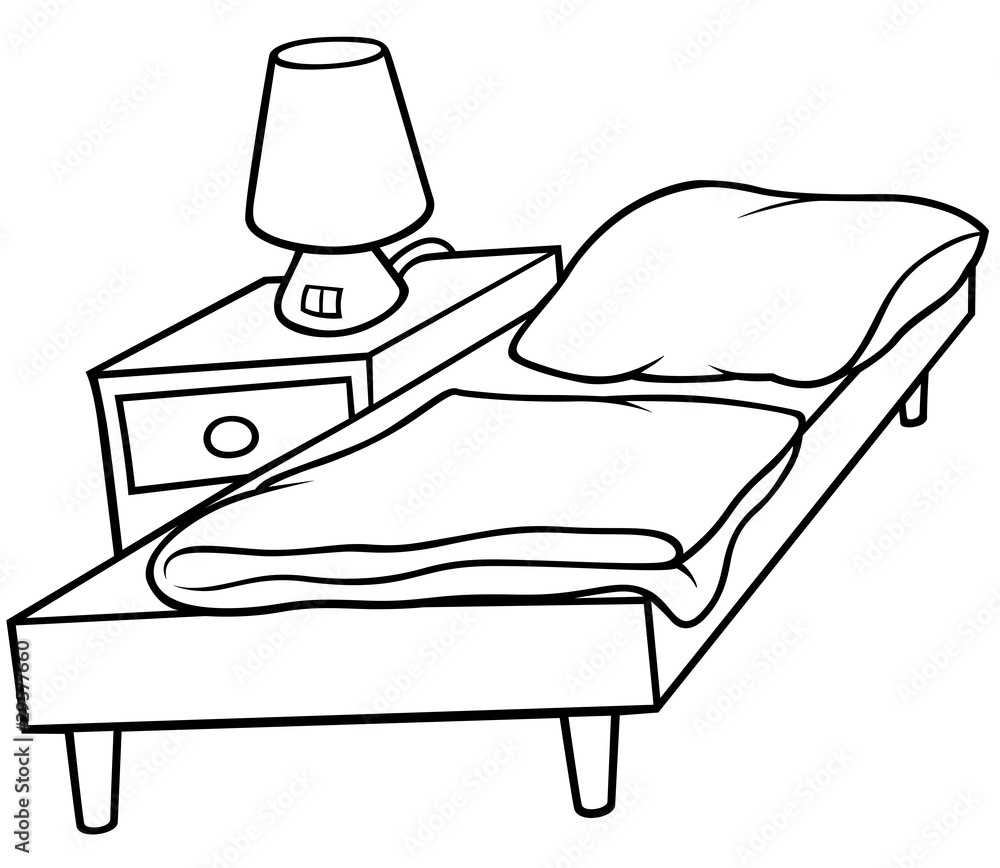 Bed and Bedside - Black and White Cartoon illustration Stock Illustration |  Adobe Stock